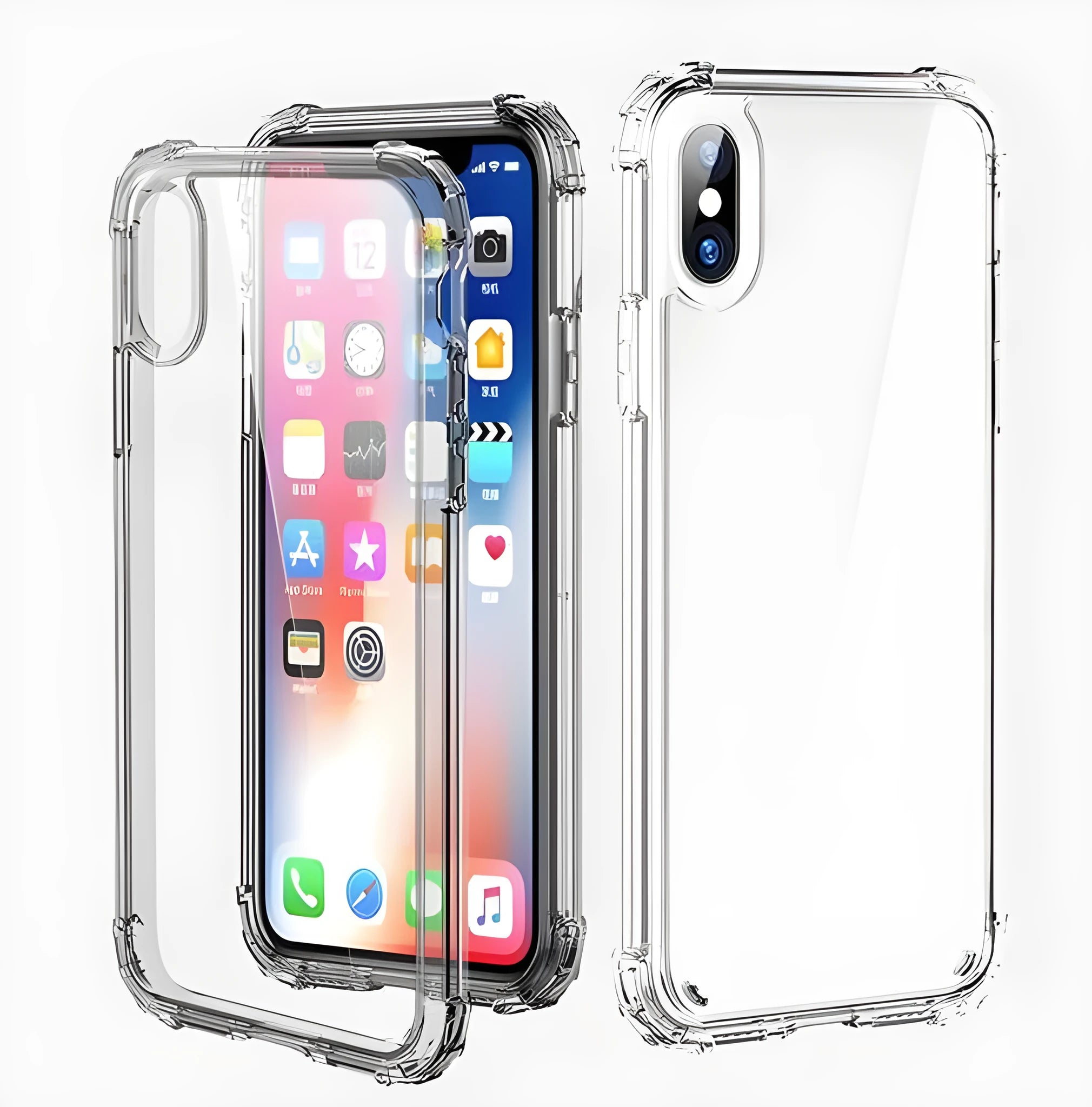 Clear transparent TPU protective case for an Apple iPhone.