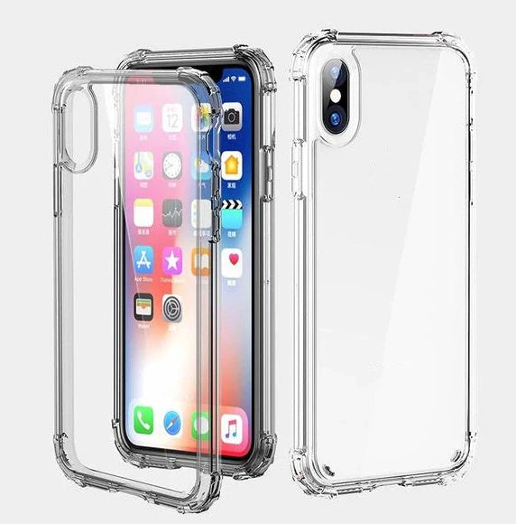 Transparent shockproof iPhone cover compatible with multiple models, showcasing durability and style