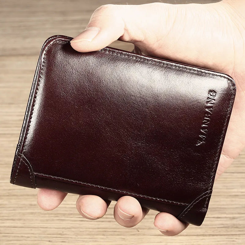 Men's leather wallet showing internal compartments including photo window, card slots and coin pouch