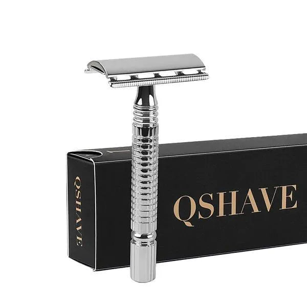 Double edged safety razor with closed comb head and chrome finish in storage box
