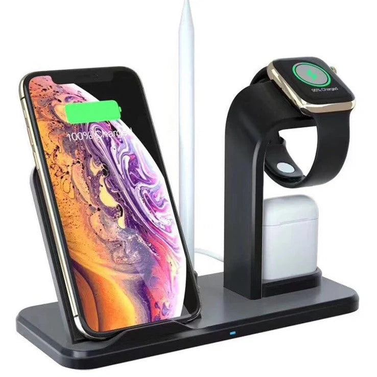 Black wireless charger bracket showing phone charging position with 10W output and dual USB ports
