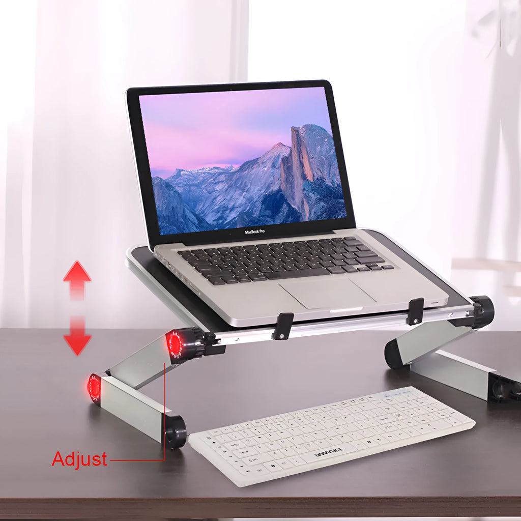 Foldable laptop stand with 360-degree adjustable angle in black, supporting a laptop on a desk