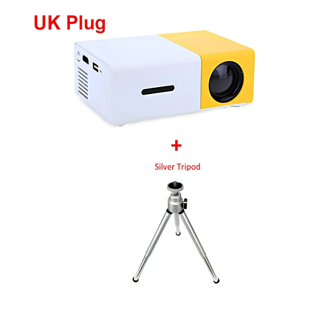 Yellow 1080P LED mini projector with HDMI ports, projecting 80-inch image from 1.2m distance