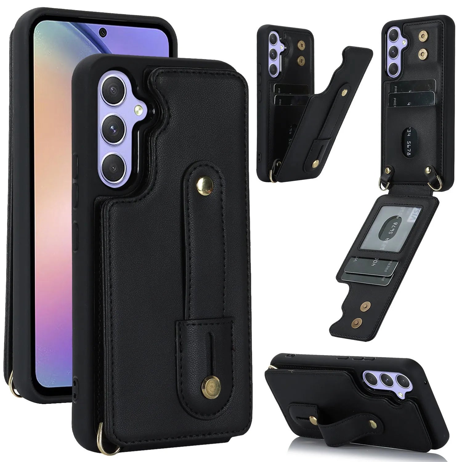 Samsung A54 5G leather phone case with lanyard in black hot pressing fit close up