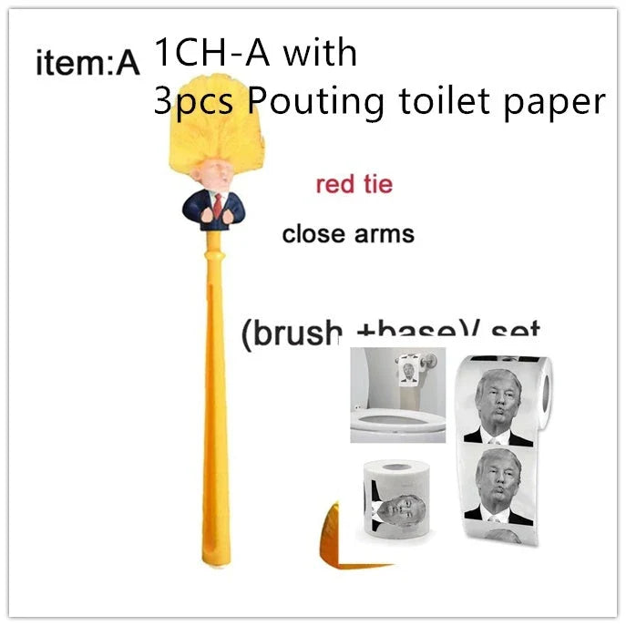Bright yellow Trump-themed toilet brush with hanging slot