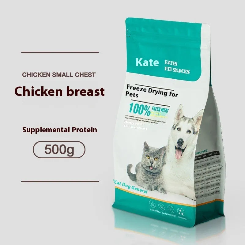 500g bag or barrel of freeze-dried chicken nugget cat treats on a plain background