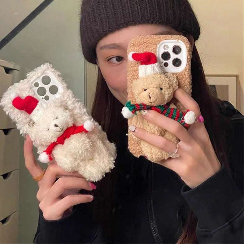 Christmas Bear Plush Mobile Phone Case: Protective TPU case with soft plush bear design for iPhone models from X to 15 Pro, offering cushioning against drops and scratches