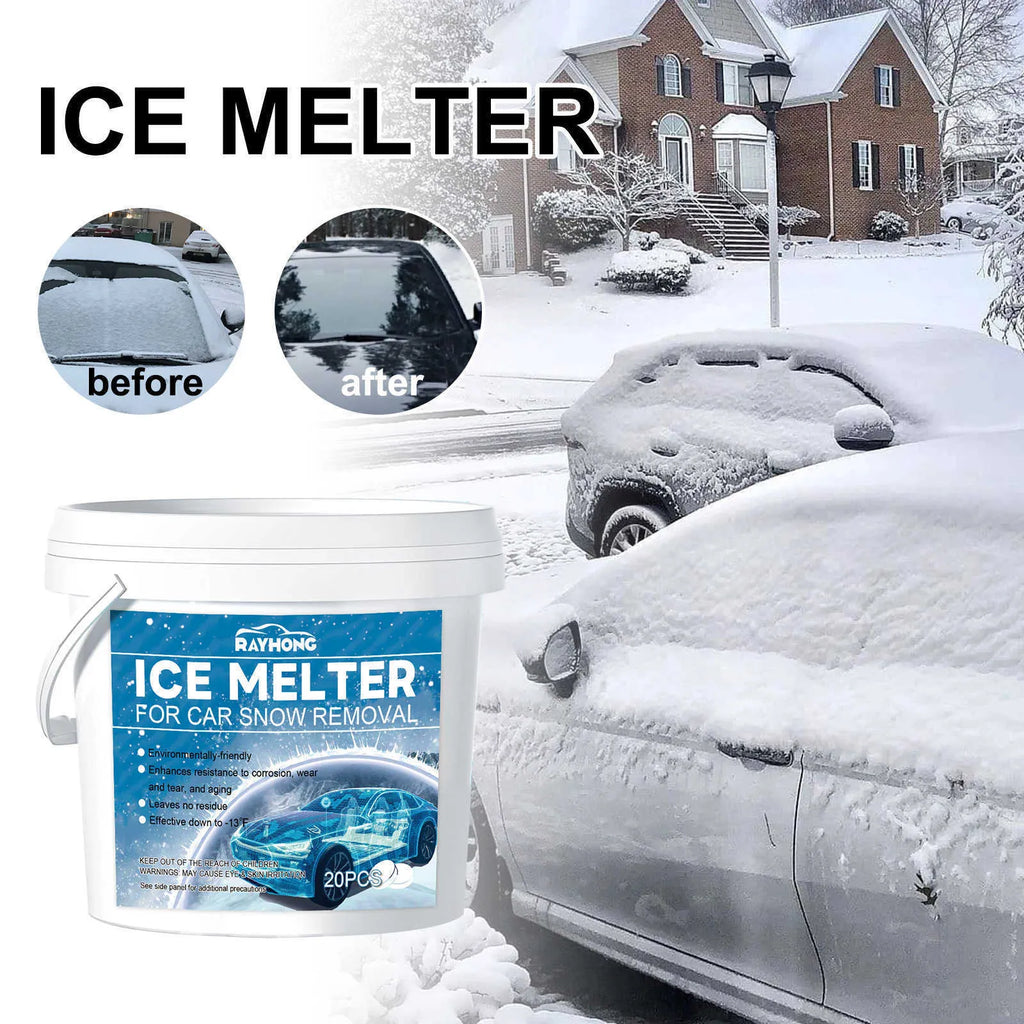 Car snow melting effervescent tablets box containing 20 tablets for winter windscreen de-icing
