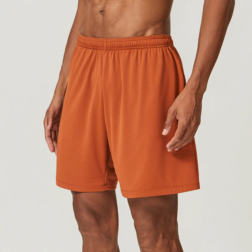 Men's quick-drying double-layer running shorts in sky green colour, laid flat to show mid-waist fit and shorts length.