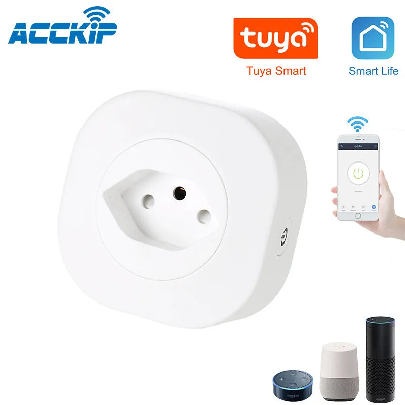 Compact square 70mm smart plug socket with Wi-Fi for voice control, 16A 3520W rating.