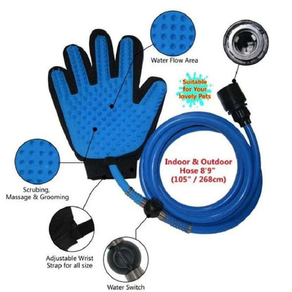 Blue handheld pet shower tool with massage gloves for dogs and cats