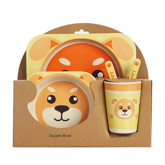 Five-piece bamboo fibre children's tableware set with vibrant animal-themed designs