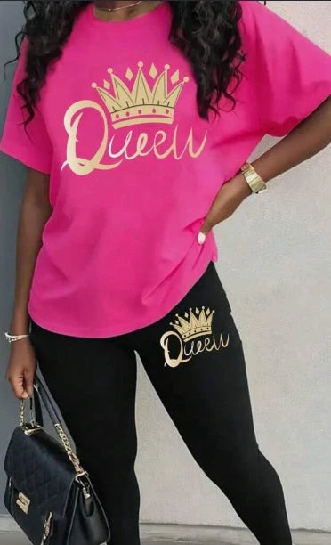 Crown and letter print polyester top and leggings set in royal blue, hot pink, or black
