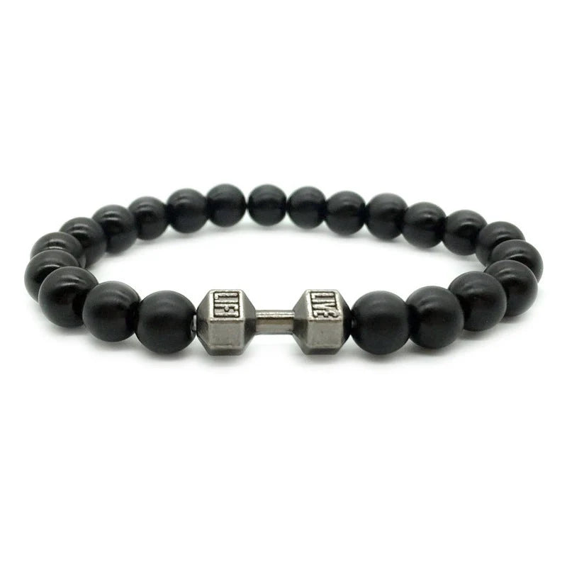 Men's fitness fashion bracelet with alloy metal barbell and lava rock stone beads