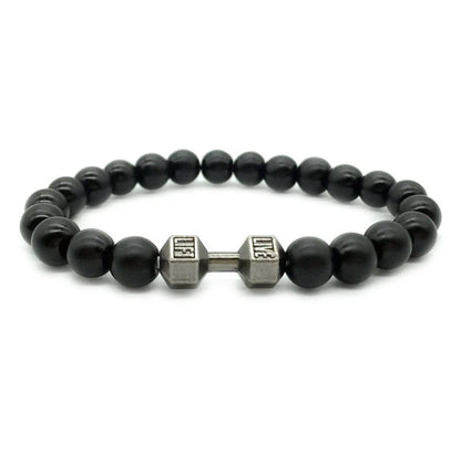 Men's fitness fashion bracelet with alloy metal barbell and lava rock stone beads