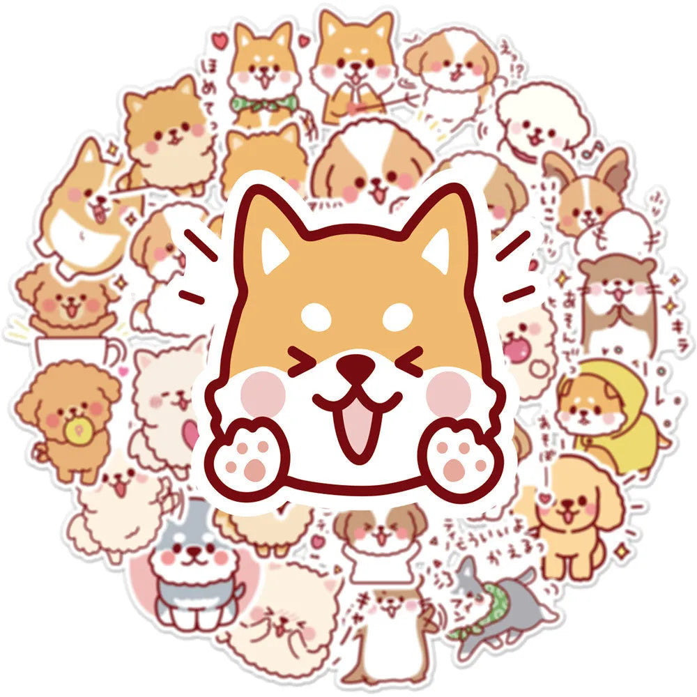 Pack of 50 cute dog graffiti stickers with paper and PVC adhesive, colour L50-82, on a white background