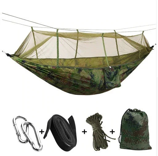 Parachute hammock with mosquito net in various colors and sizes, ideal for outdoor adventures and relaxation