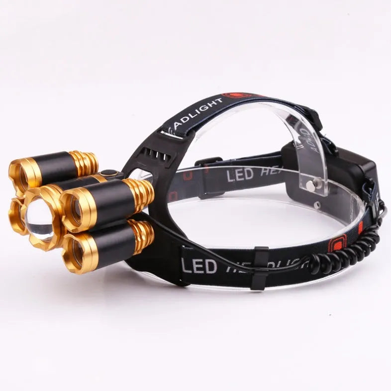 Gold aluminium LED head torch with adjustable focus, shown on a head strap with 18650 batteries.