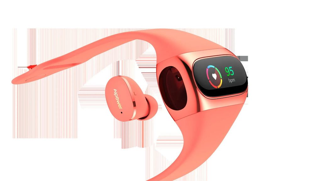 2 in 1 wireless earphone bracelet with silicone wristband in black, showing touch control and charging port