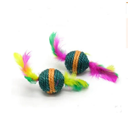 Handmade wooden cat stick toy with hemp feather rope and bell for playful cats