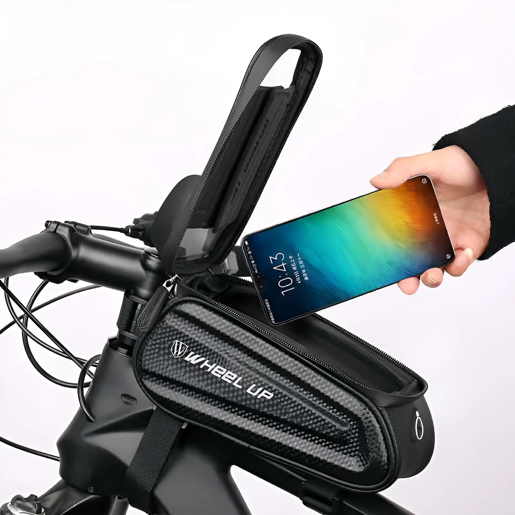 Black grey mountain bike bag with reflective strips and Velcro straps attached to bicycle frame