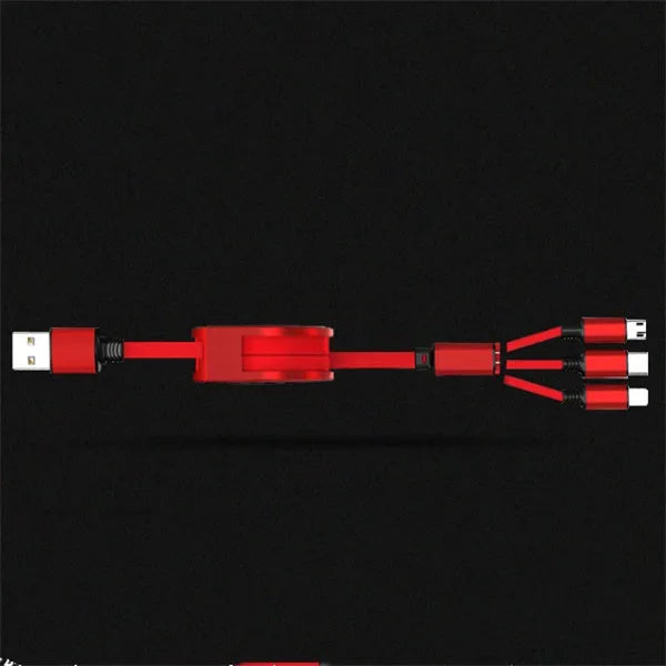 Black telescopic charging cable extended to full length showing three different connector types