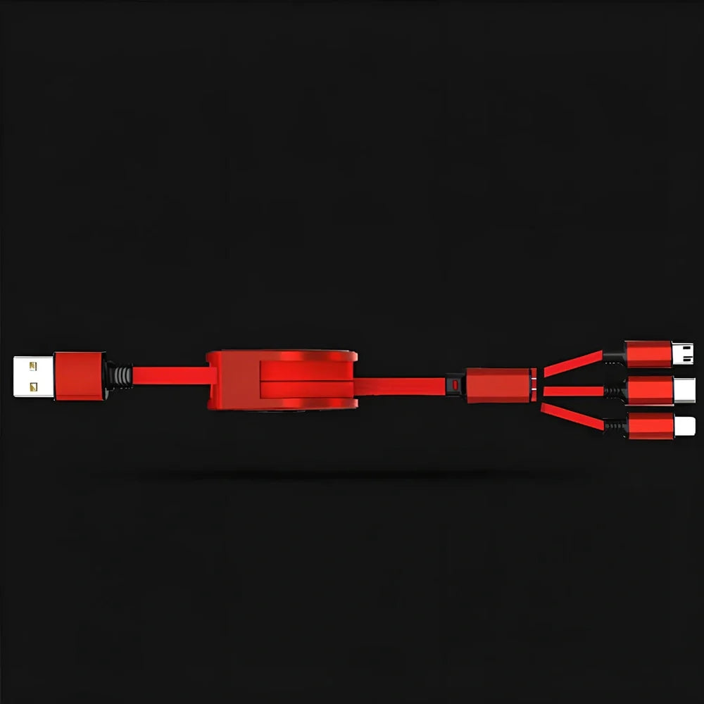 Black 3-in-1 telescopic charging cable extended to 120cm with three titanium alloy connectors for multi-device use