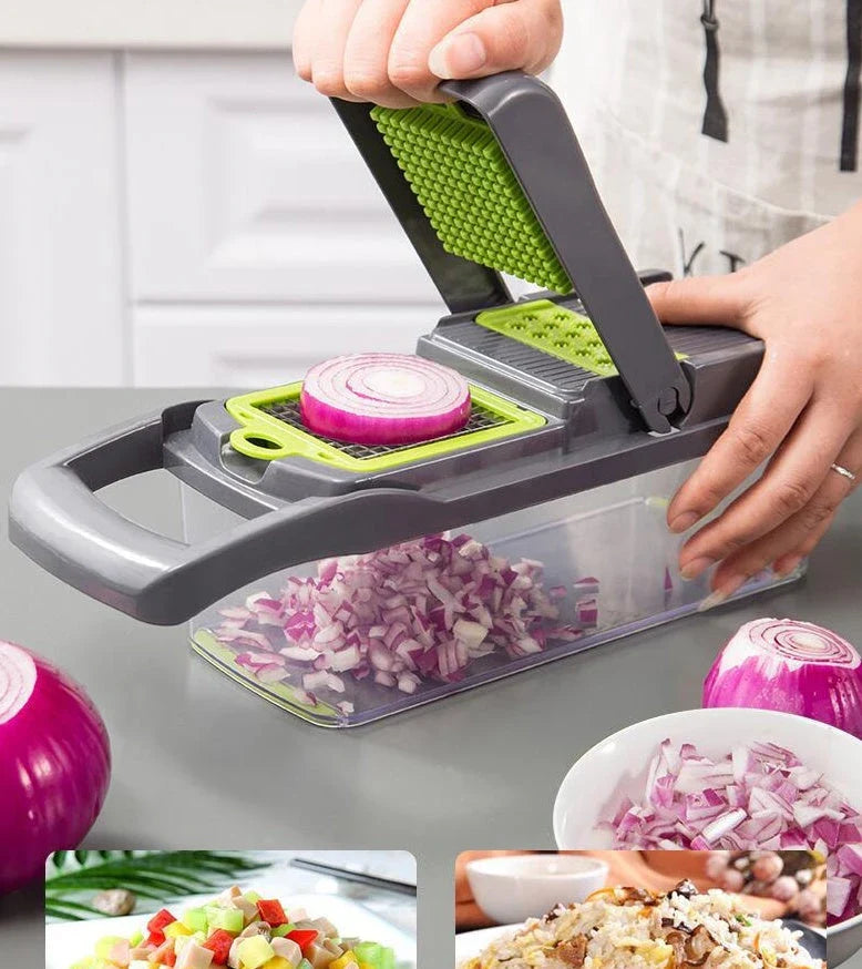 Versatile vegetable slicer with interchangeable blades for slicing, dicing, and shredding a variety of fruits and vegetables