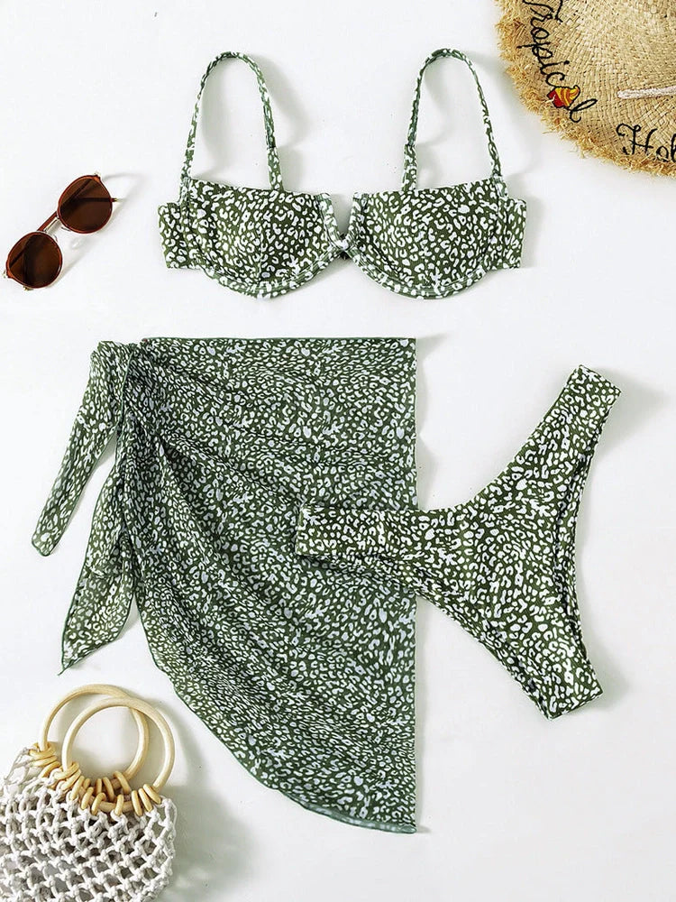 Three-piece floral bikini beach dress set with matching skirt in multiple colour options