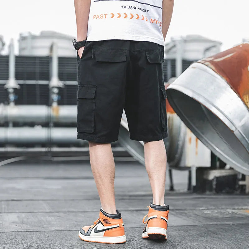 Summer cargo shorts with belt, straight leg, mid waist, black colour, front view