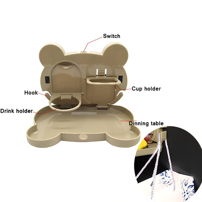 White child car seat table with 20x23.5cm surface and side hooks mounted on vehicle seat