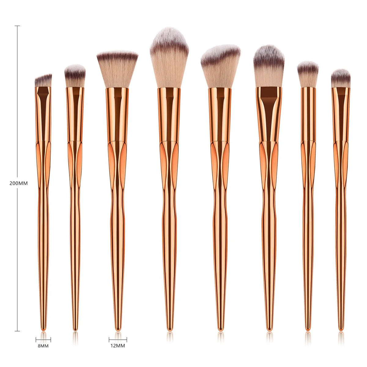 8-piece makeup brush set with nylon bristles, rose gold heart type handles, 22cm long, gold colour