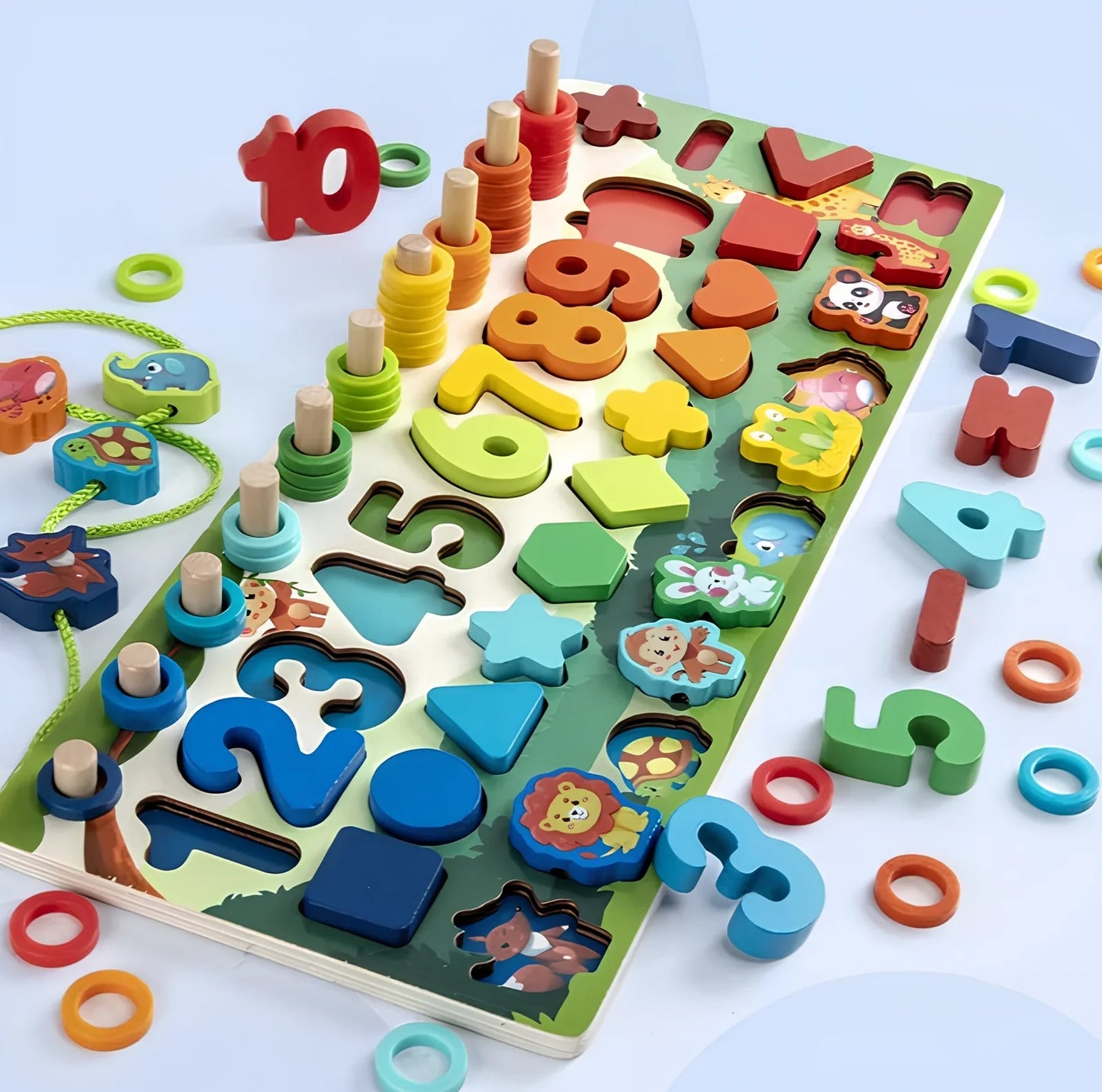 Wooden 3D alphabet number puzzle board 42x16x8 cm with geometric letter and number pieces in ocean blue theme