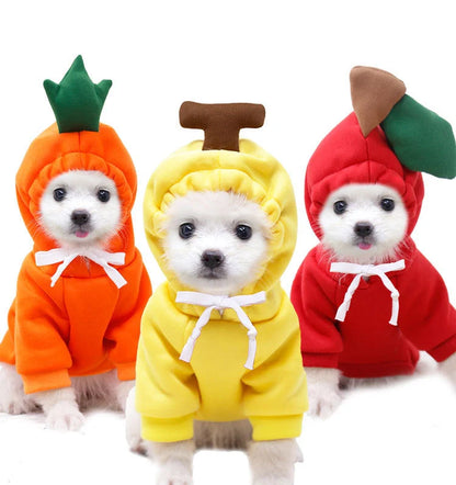 Two-legged hooded fleece outfit for dogs in fruit green, perfect for cooler weather
