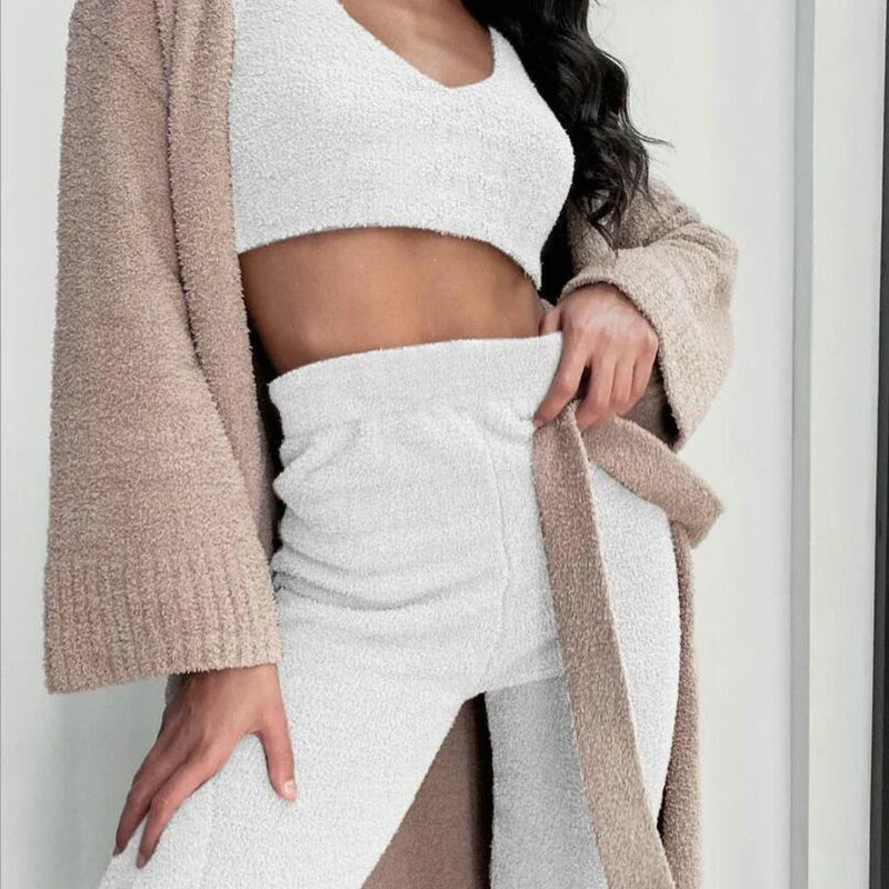 NZ Cozy 3-Piece Pajama Set with Long Sleeves, Crop Top, and Drawstring Shorts