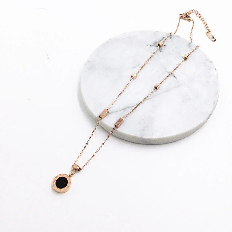 Korean fashion titanium steel Roman numerals necklace with 18K rose gold plating