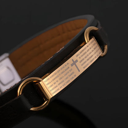 Unisex Bible verse leather bracelet in 18.5cm size with geometric stainless steel accents