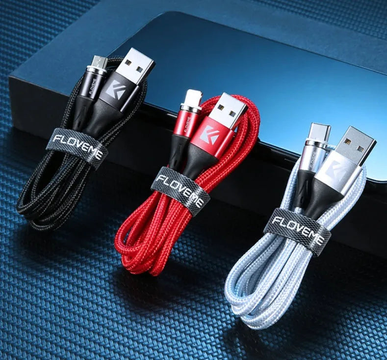 Black magnetic USB charging cable with LED light, compatible with Apple iPhone and Android phones