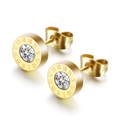 Roman Numerals and Diamond Stud Earrings in titanium steel with gold-plated finishes