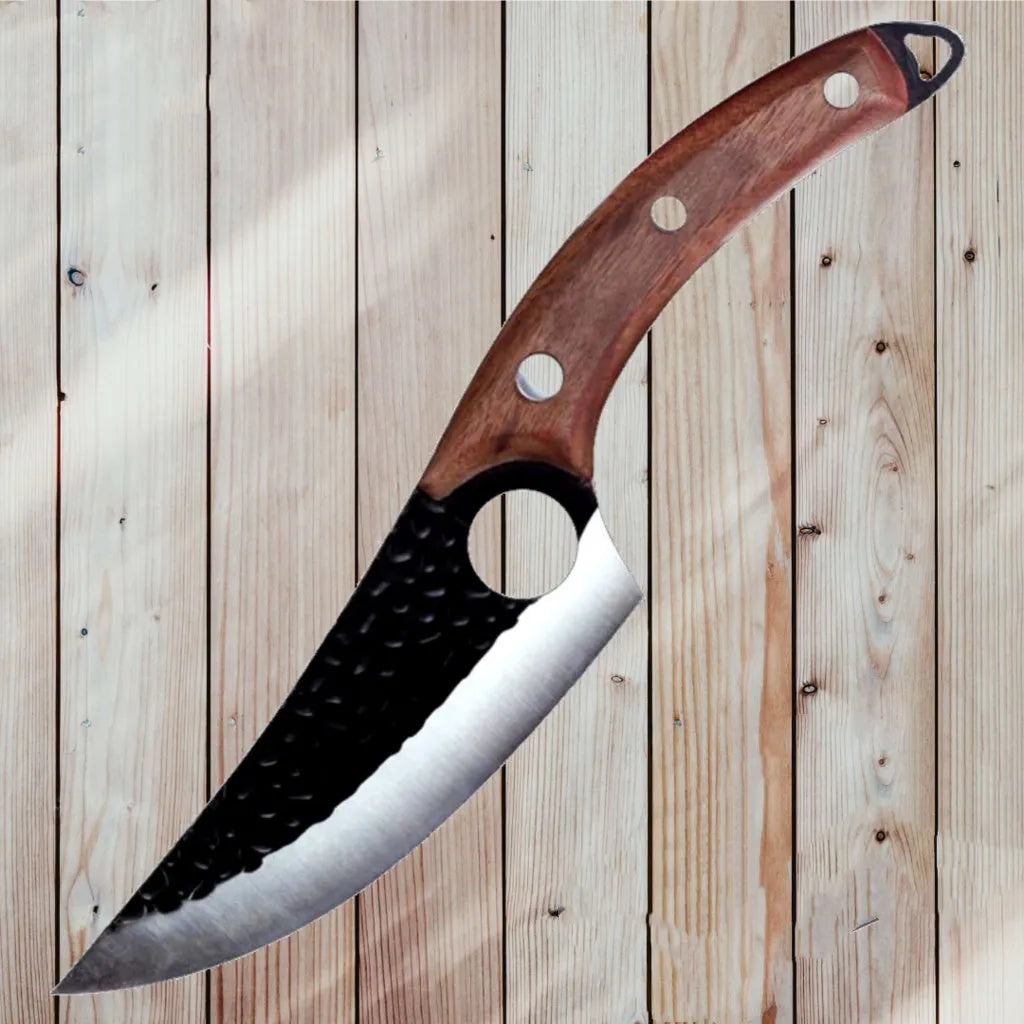 Butcher knife set with small scimitar skinning boning knife and leather sheath