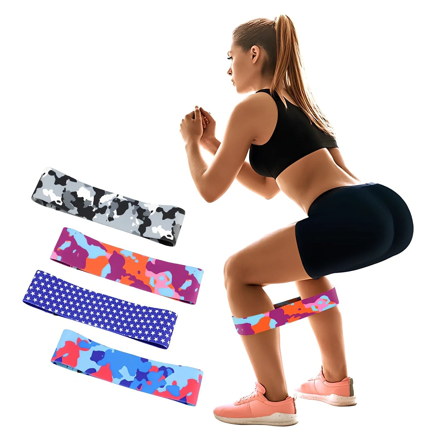 Camouflage anti-slip resistance band in blue, 67-88cm sizes for hip lift yoga training