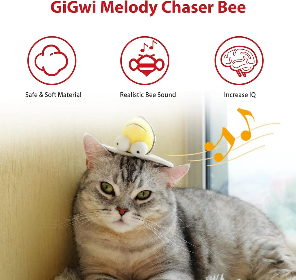 Yellow flannelette bee-shaped interactive cat toy with motion-activated sound electronics