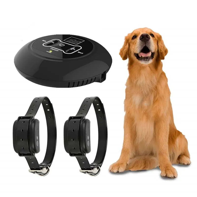 Wireless pet fence transmitter and receiver collar with ABS plastic and TPU construction, IP67 waterproof rating, 150 metre range.