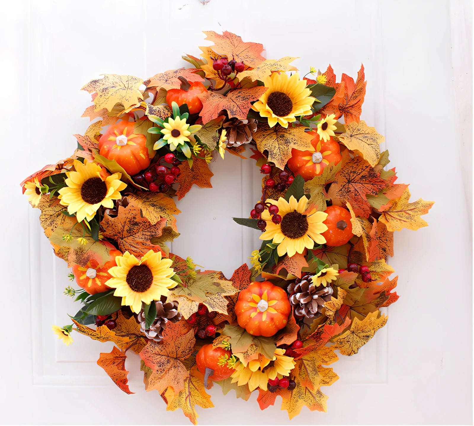 Autumn pumpkin wreath with 50cm diameter featuring fabric leaves and simulation pumpkins