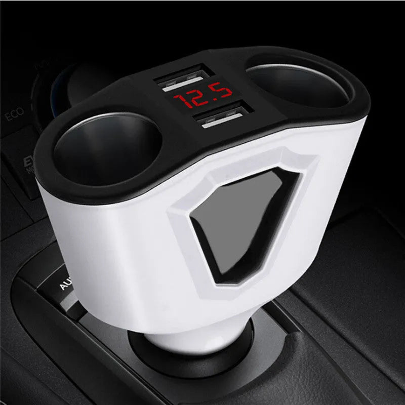 Black dual USB car charger with digital LCD screen showing voltage and current