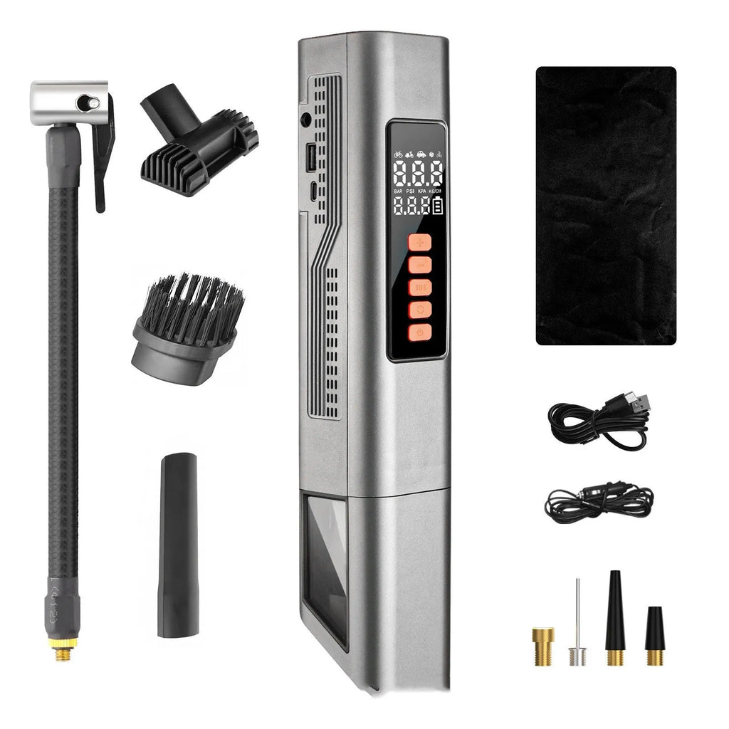Wireless digital car tyre inflator with display showing pressure, compact black body.