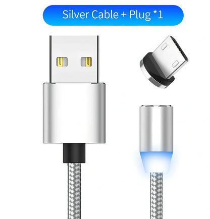 YBD 1m black magnetic LED charging cable with three-in-one plugs for iPhone and Android, showing N52 magnet connection