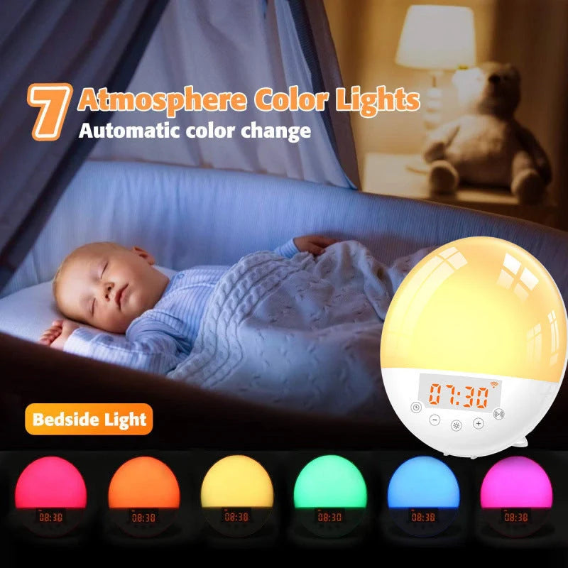 WiFi Voice Control Intelligent Alarm Clock with Sunrise Wake-up Light on bedside table