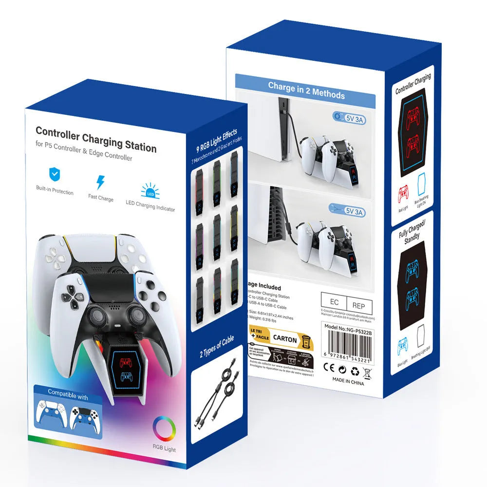 White PS5 wireless Bluetooth handle charger with LED indicator and RGB lighting on a desk