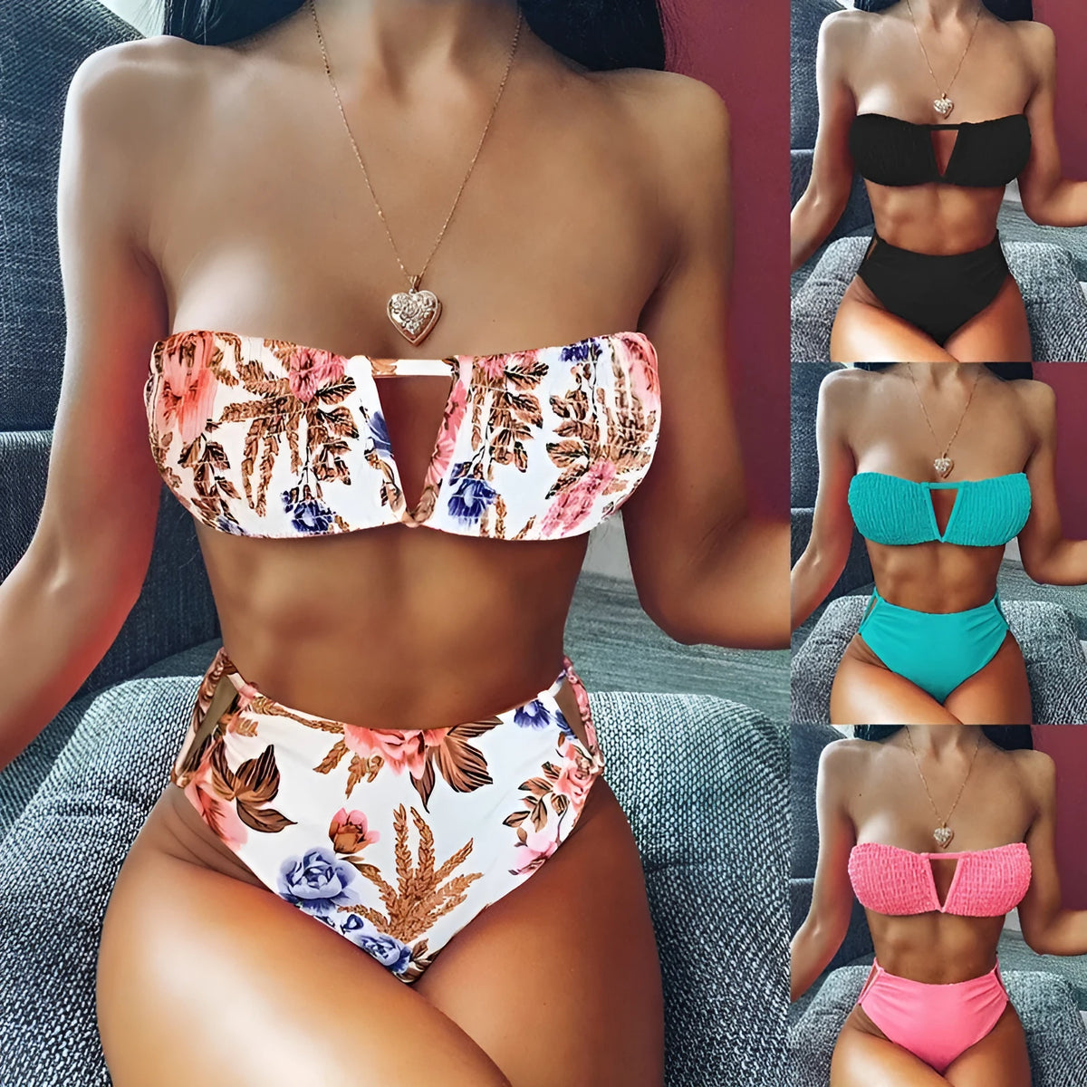 Stretchy top bikini set in nylon for women, two-piece swimwear, shown in black and white colours